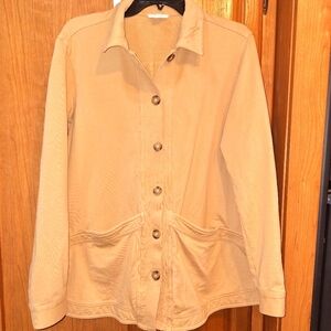 A J.Jill long sleeve button-down shirt in a ladies' size large in a tan color.